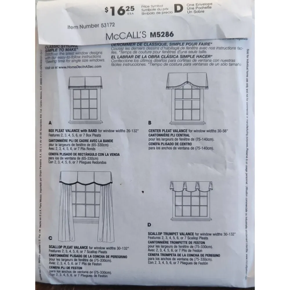 McCall's M5286 Valances 4 Styles Home Dec in a Sec Sewing Patterns UNCUT